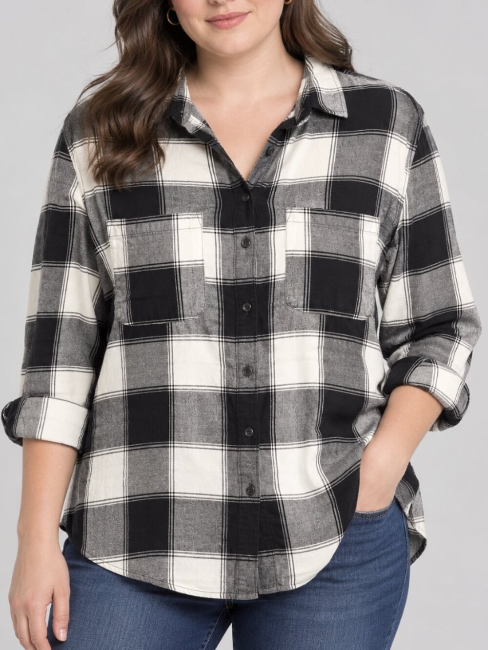 Ava & Viv Black and White Cozy Flannel Plaid Button Down Shirt X